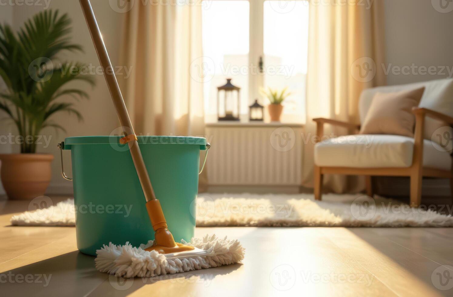 Cozy living room with mop and bucket for spring cleaning in soft morning light photo