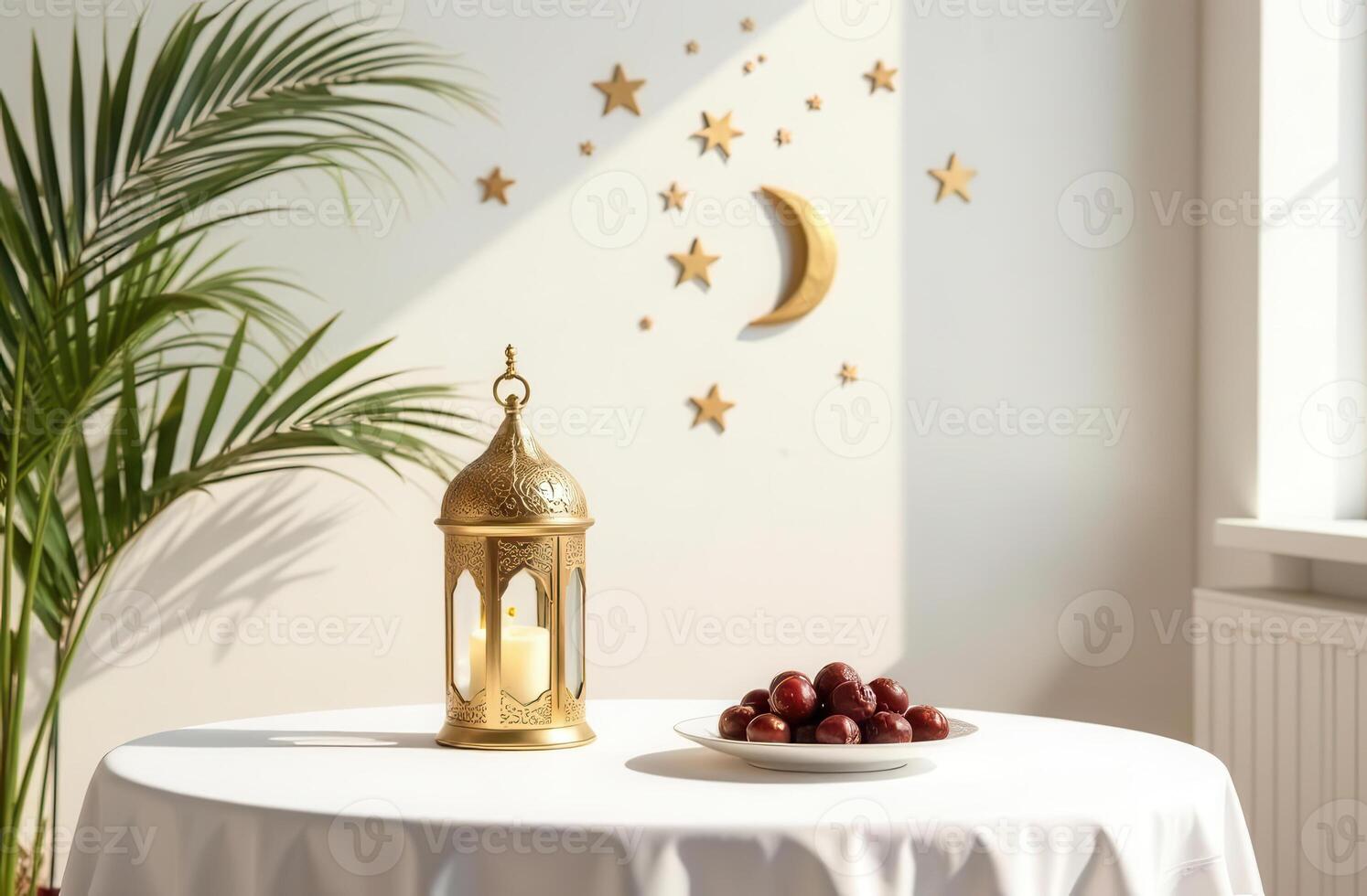 a white table, a golden Muslim lantern, a golden moon and stars on the wall, dates in a plate, soft pastel colors and white walls, palm flowers . Eid al Adha photo