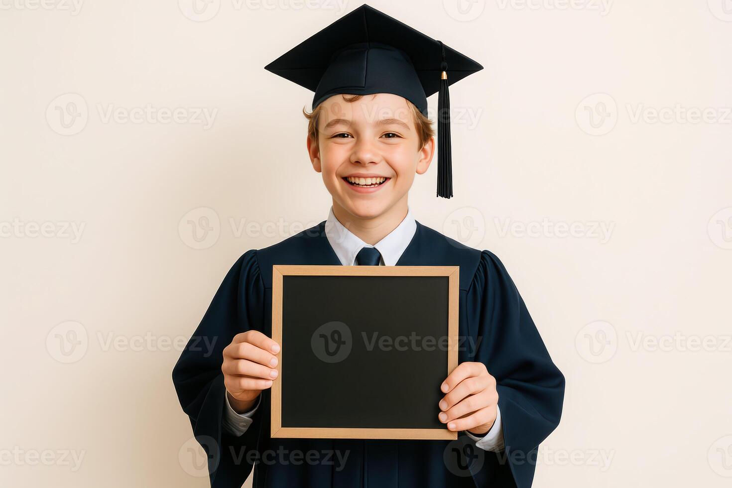 Happy young graduate boy holding blank chalkboard in cap and gown photo