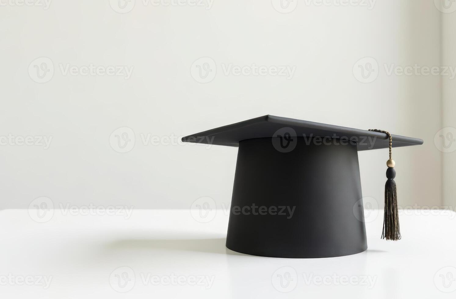 Minimalist black graduation cap on white table in modern academic setting. copy space photo