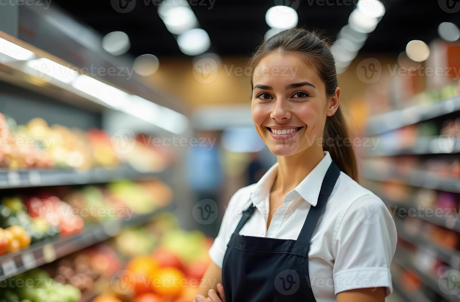 Smiling female employee in grocery store aisle with fresh produce displayed. concept international workers day photo