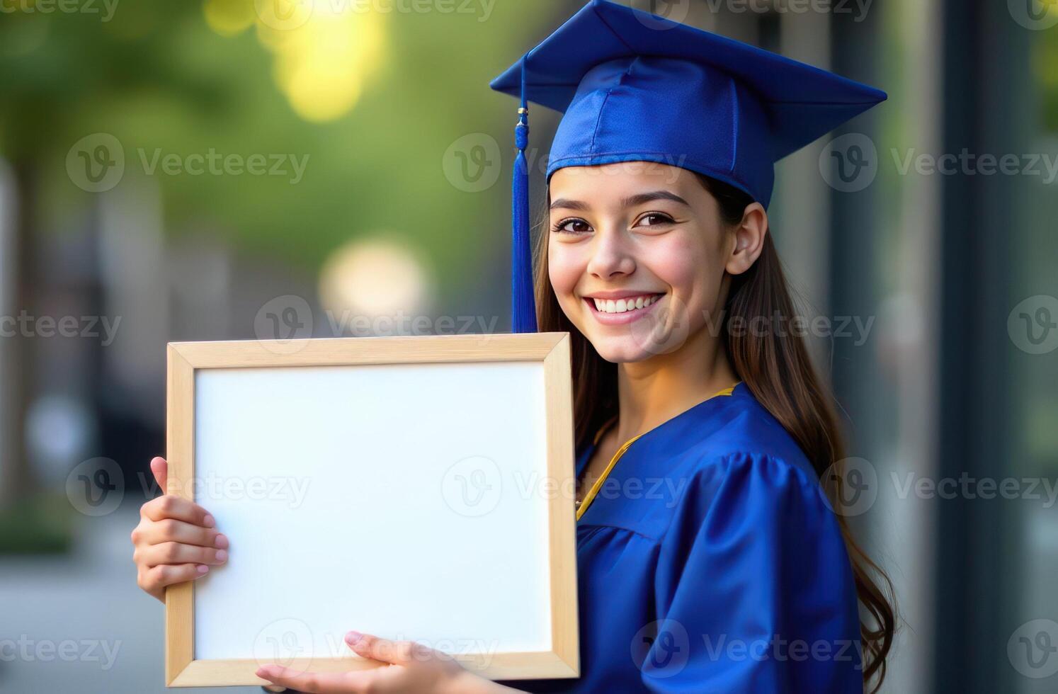Happy girl graduate holding blank frame in blue cap and gown outdoors photo