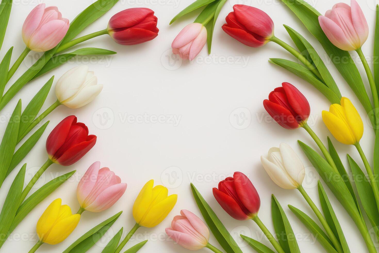 an arrangement of tulips with red, yellow and pink flowers on a white background. space for the text. banner for Mother's Day, birthday, Valentine's Day. photo