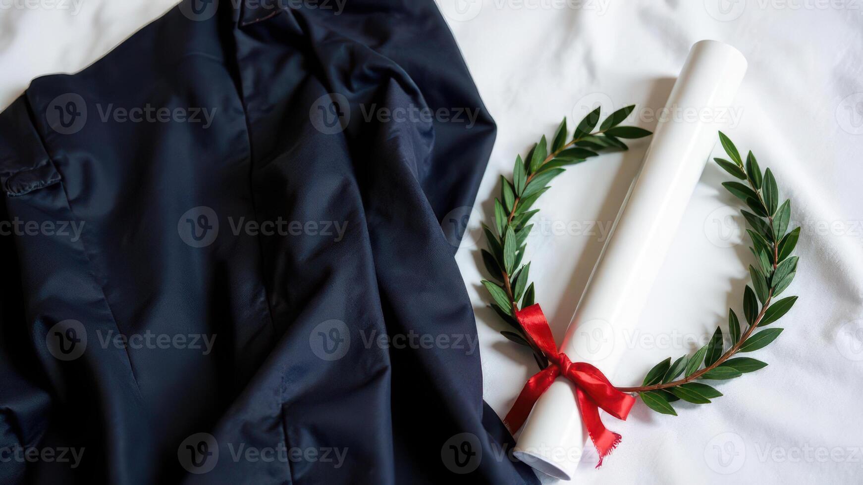 Graduation ceremony essentials rolled diploma, laurel wreath, and academic gown on white surface photo