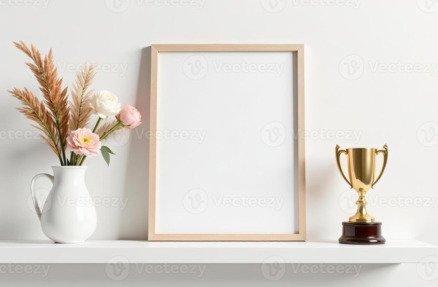Minimalist shelf display with blank frame, trophy, and floral arrangement in white vase photo