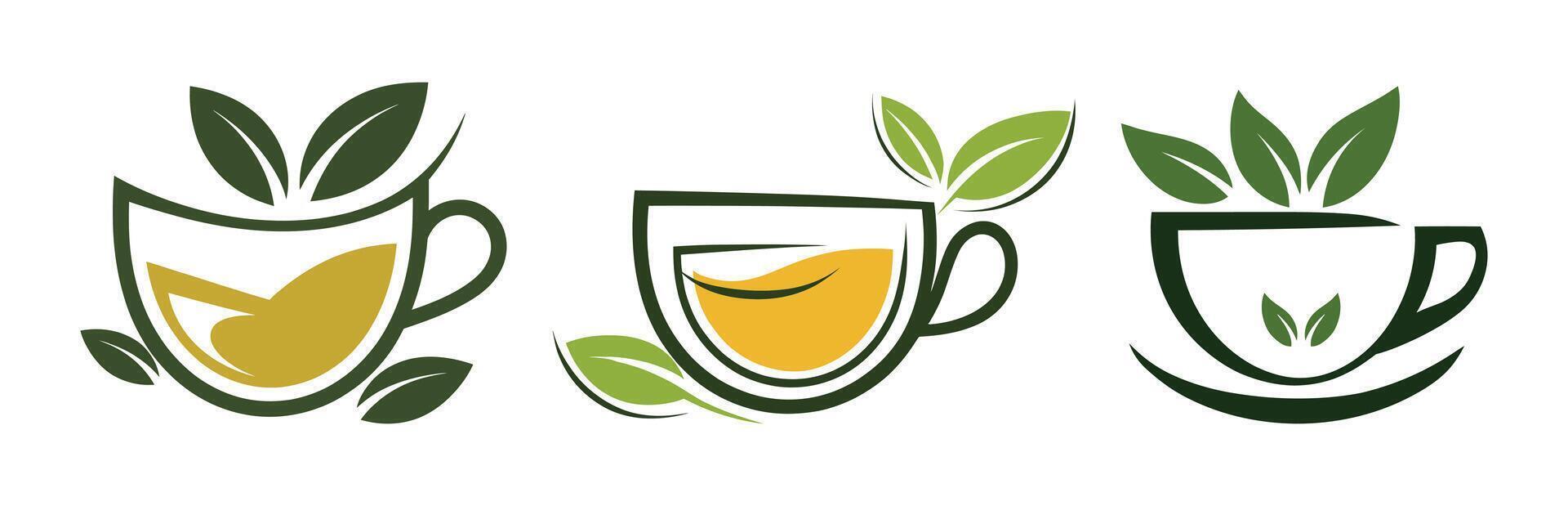 Three Abstract Tea Cup Designs with Leaves vector