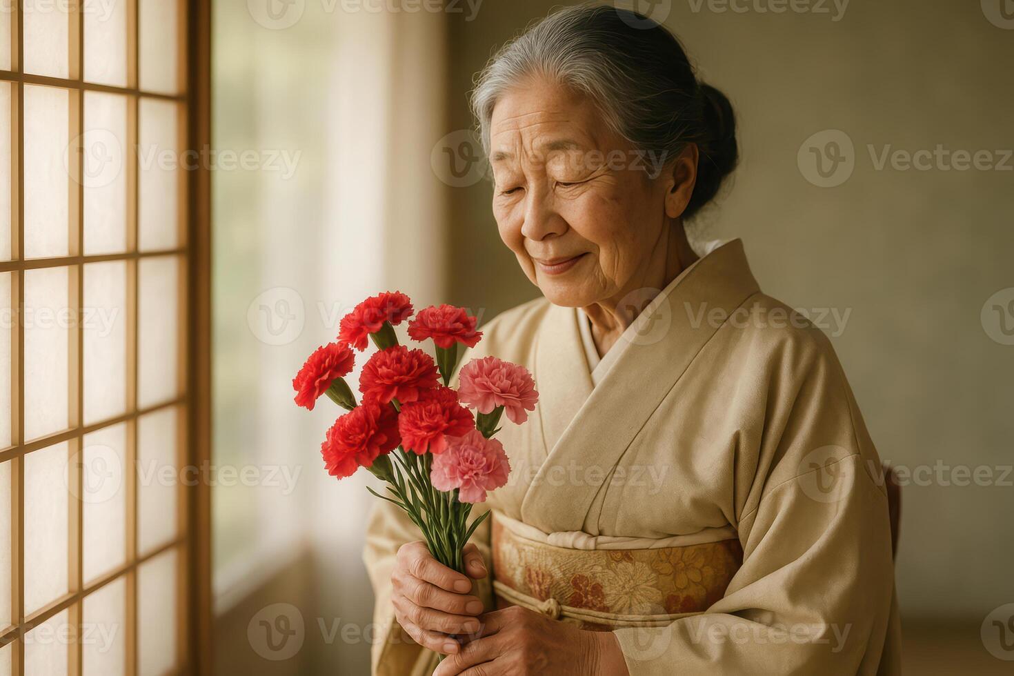 Elderly woman in traditional kimono holding red and pink carnations near window. Mother's Day photo