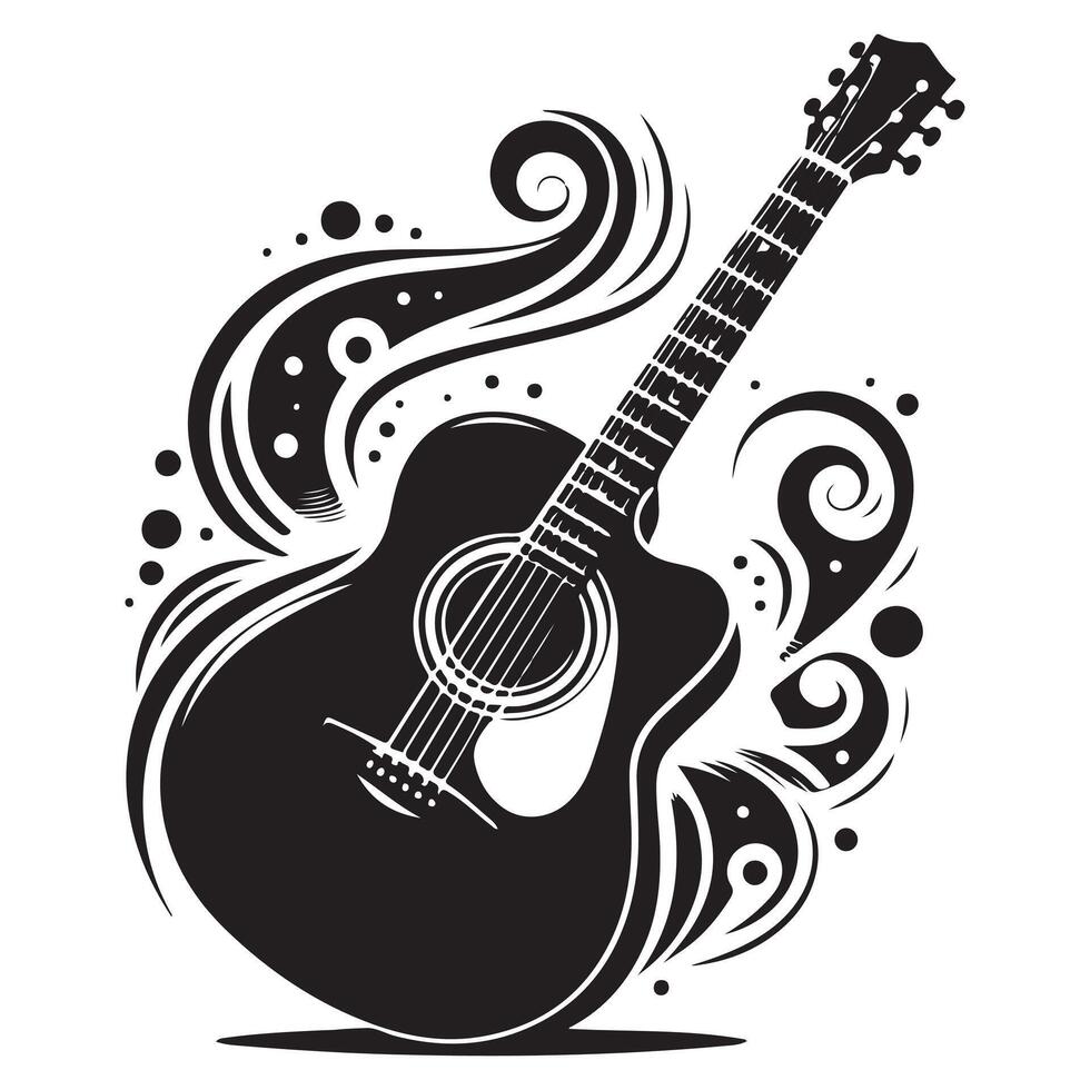 Acoustic Guitar with Floral and Moon Elements in Retro Style vector