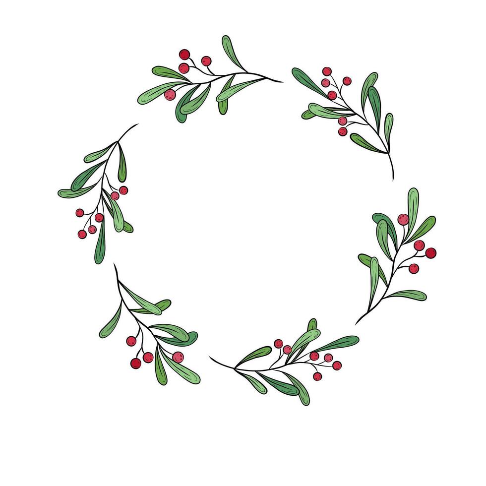round frame with twigs and red berries. New Year and Christmas card with place for text. Lingonberry berries and greens, plant branches, botanical illustration. vector