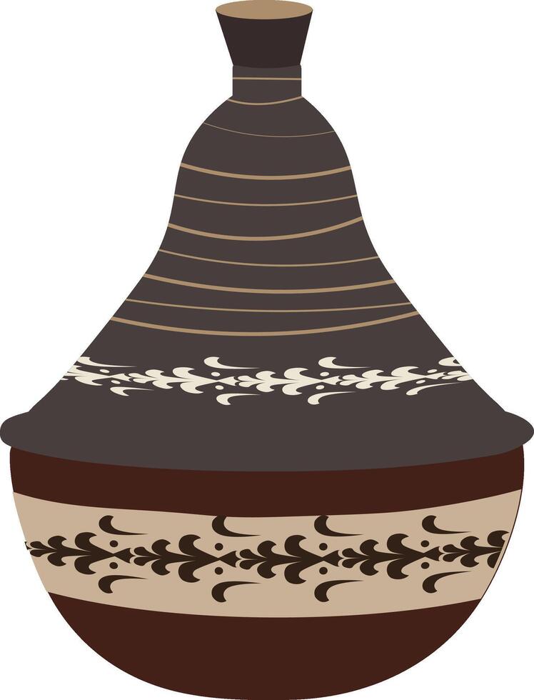 This traditional Moroccan tagine pottery features a conical lid and intricate patterns, vector