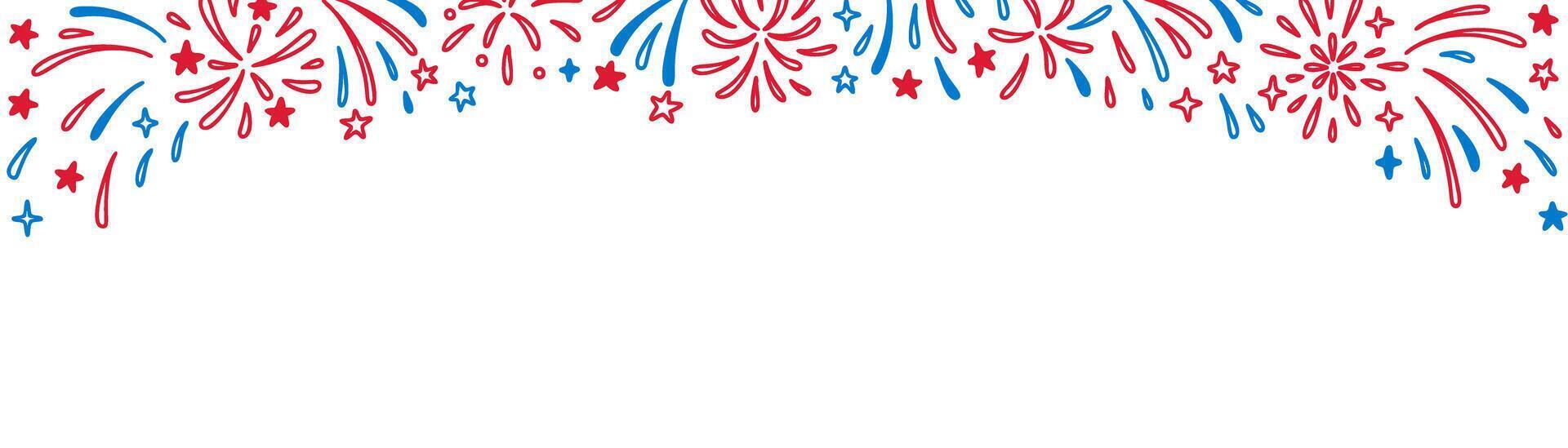 4th Of July cute line doodle firework background. Hand drawn illustration in red and blue colors of American and French national flag. Independence Day of USA, Bastile day, Labor day poster vector