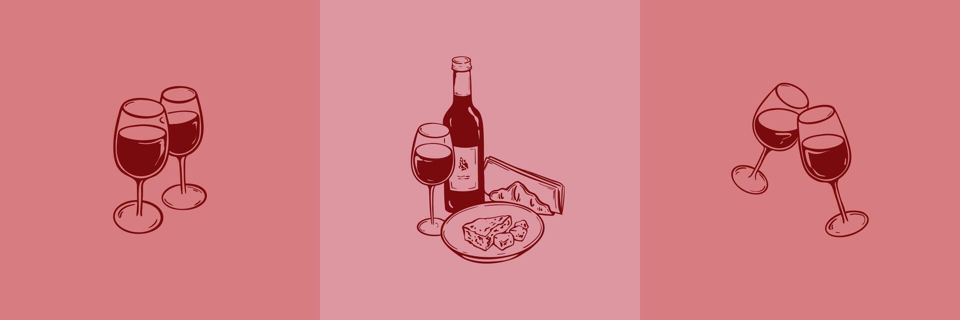 Wine and cheese hand drawn sketch posters set. Bottle, wineglass, parmesan plate doodle ink drawing. Restaurant, bar food and drink menu design elements. Italian or French vinery background vector