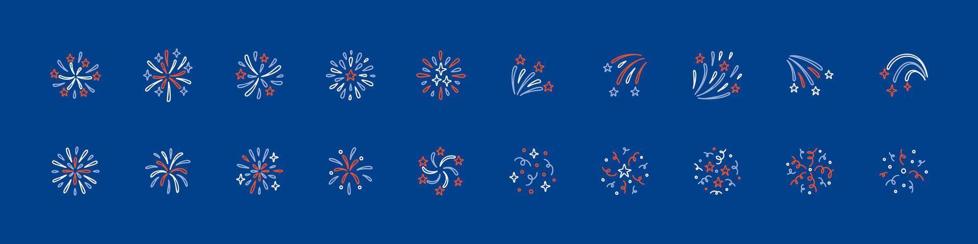 Set of hand drawn doodle 14th July firework icons. Red and white USA Independence Day Background. American patriotic Background. Crayon sketch scribbles. Stars, confetti, bling drawing vector