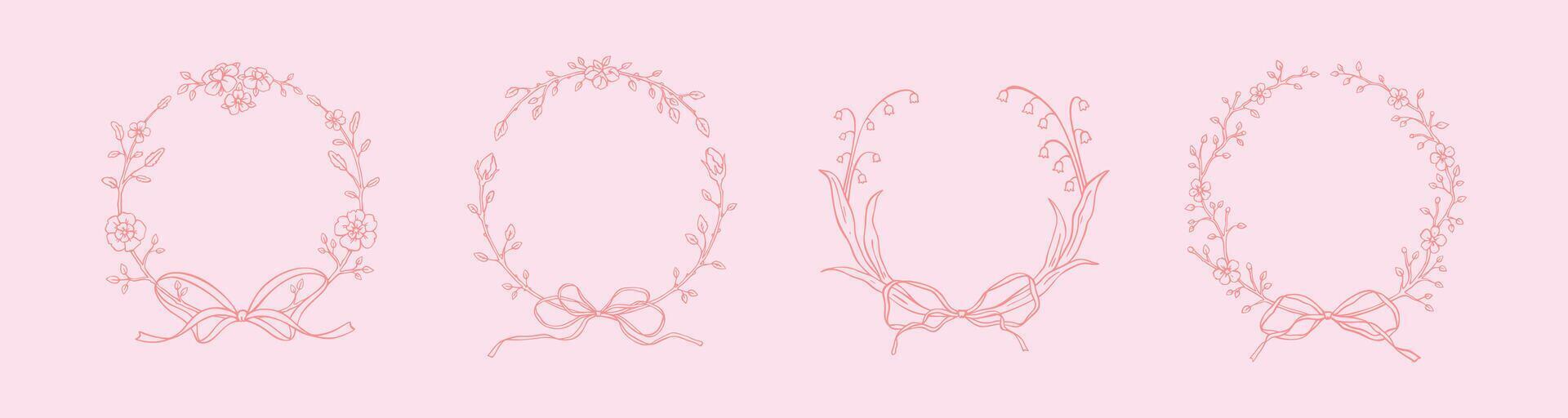 Set of pink spring floral frames with lace ribbon bows in girly coquette style. Botany rose, lily of the valley, laurel wreath. Hand drawn doodle illustration. Italian, French wedding design vector