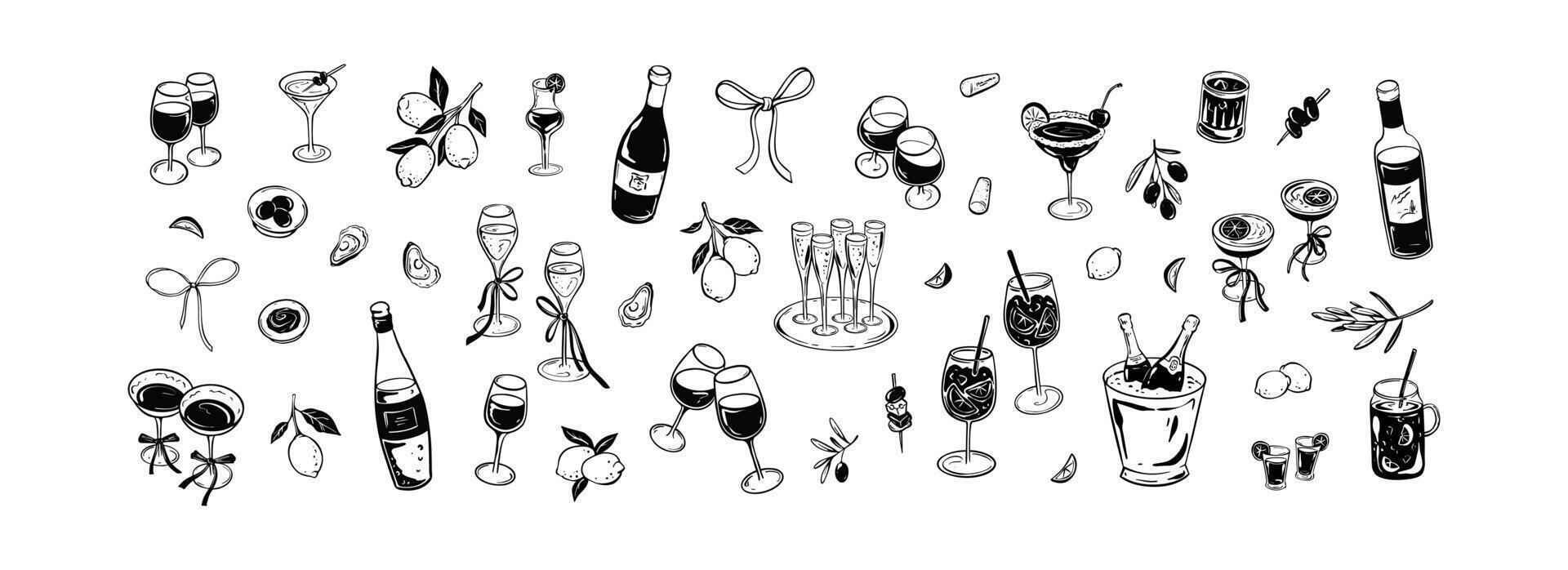 Set of bar alcohol beverage and drinks menu design elements in girly coquette style. Wedding, birthday, bachelorette party, Christmas celebration doodle drawing. Cocktail, champagne, wine glass sketch vector