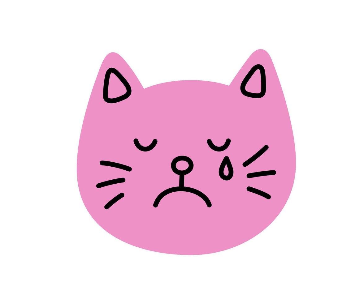 Cute doodle crying cat face icon. Sad crying cat. Kitty kawaii emoji. Hand drawn animal emoticon. Expression kitty head. Bad mood. illustration isolated on white background vector