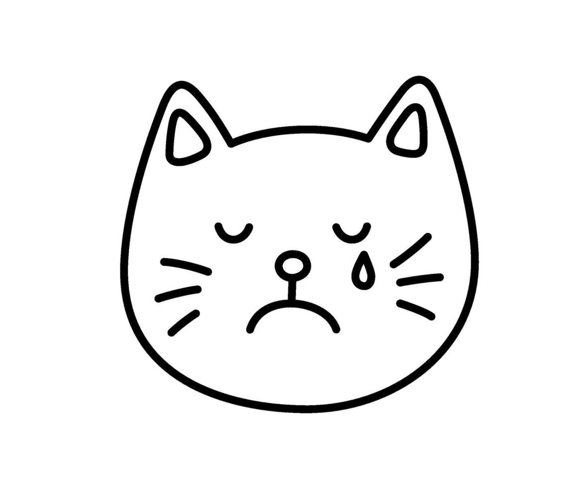 Cute doodle cry cat face icon. Sad crying cat. Kitty kawaii emoji. Hand drawn animal emoticon. Expression kitty head. Bad mood. illustration isolated on white background vector