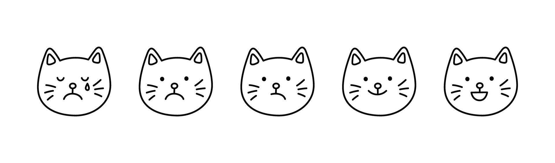 Cute doodle cat face icon set. Smile, sad and cry cat. Kitty kawaii emoji. Hand drawn animal emoticon. Expression kitty head. Good and bad mood. illustration isolated on white background vector