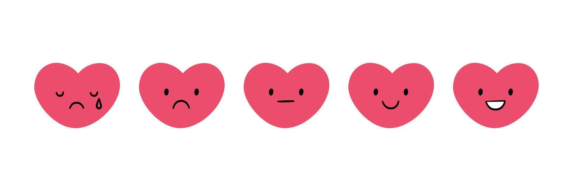 Cute doodle heart face icon set. Smile, sad and cry heart. Love kawaii emoji. Hand drawn romantic emoticon. Expression valentine shape. Good and bad mood. illustration isolated on white background vector