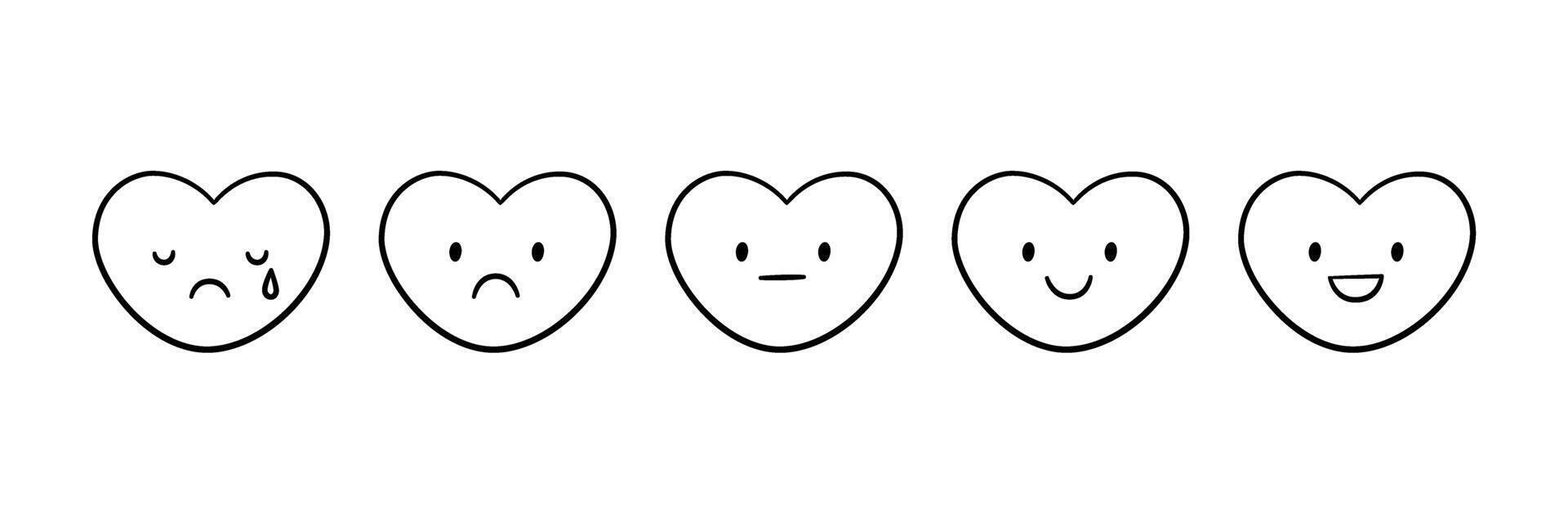 Cute doodle heart face icon set Smile, sad and cry heart. Love kawaii emoji. Hand drawn romantic emoticon. Expression valentine shape. Good and bad mood. illustration isolated background vector