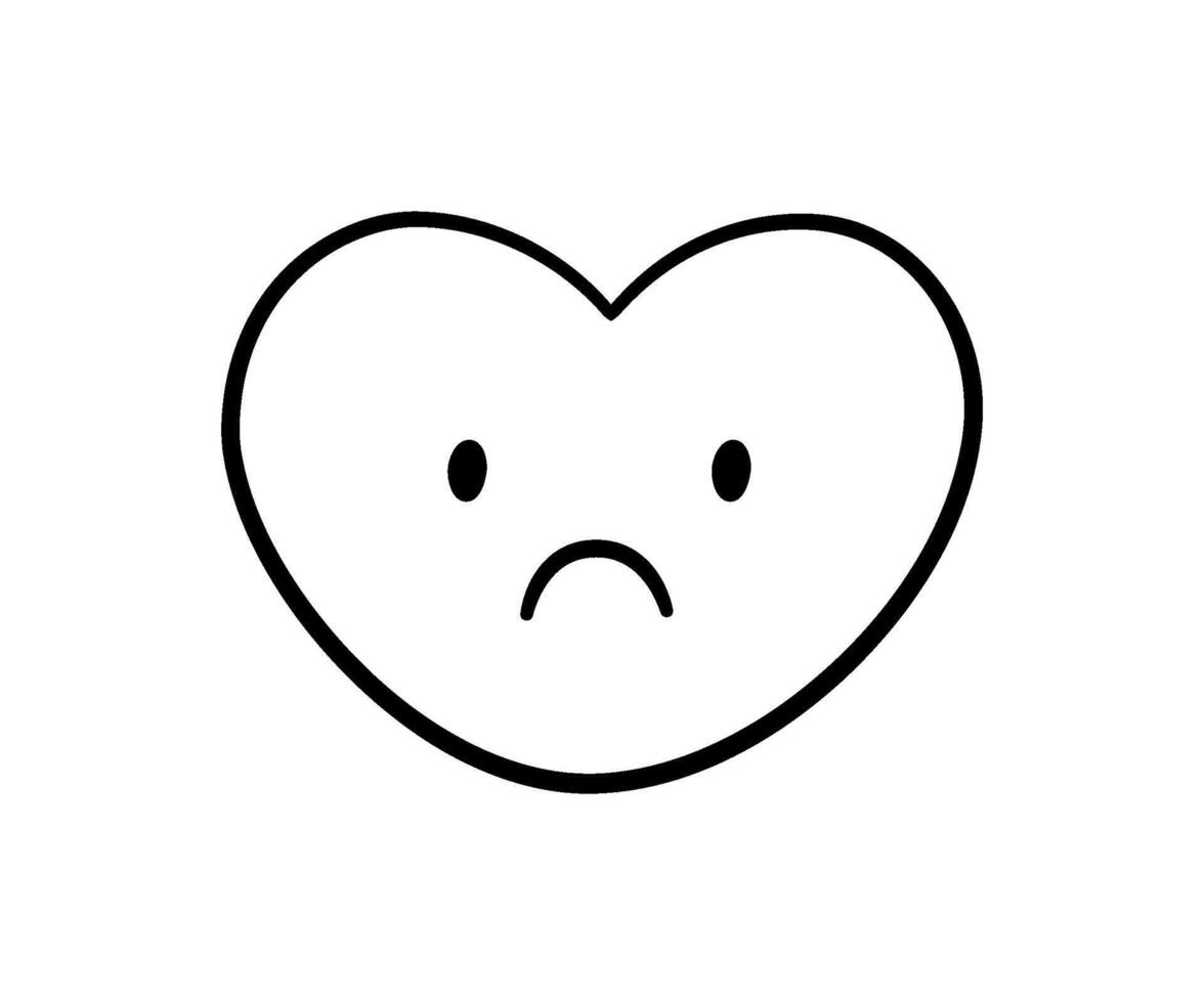 Cute doodle sad heart face icon. Sad upset heart. Love kawaii emoji. Hand drawn romantic emoticon. Expression love shape. Bad mood. illustration isolated on white background vector