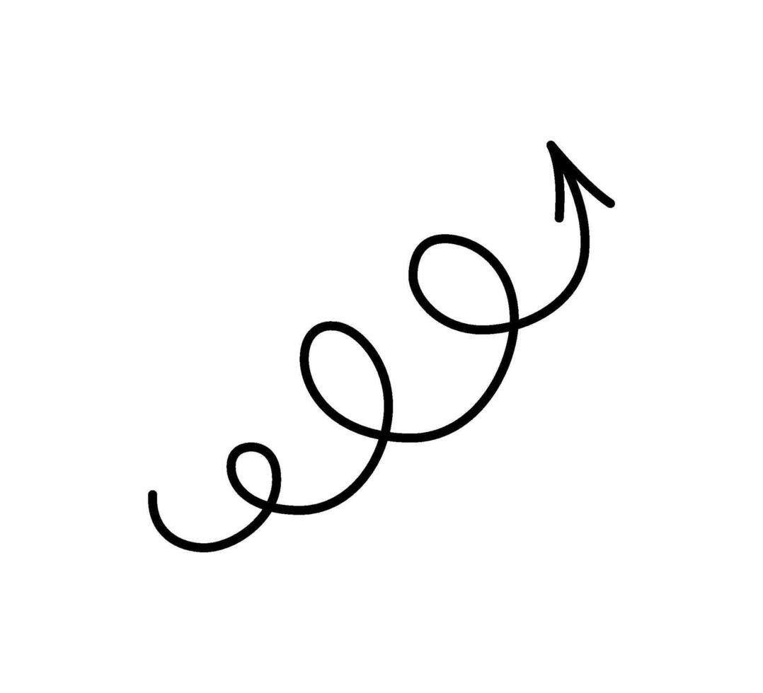 Spiral hand drawn arrow. Curly line doodle black arrow. Funny design infographic element. Spiral spring pointer. illustration on white background vector