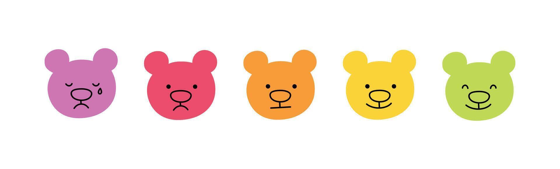 Cute doodle bear face icons set. Smile, sad and cry bear. Teddy kawaii emoji. Hand drawn animal emoticon. Expression teddy head. Good and bad mood. illustration isolated on white background vector