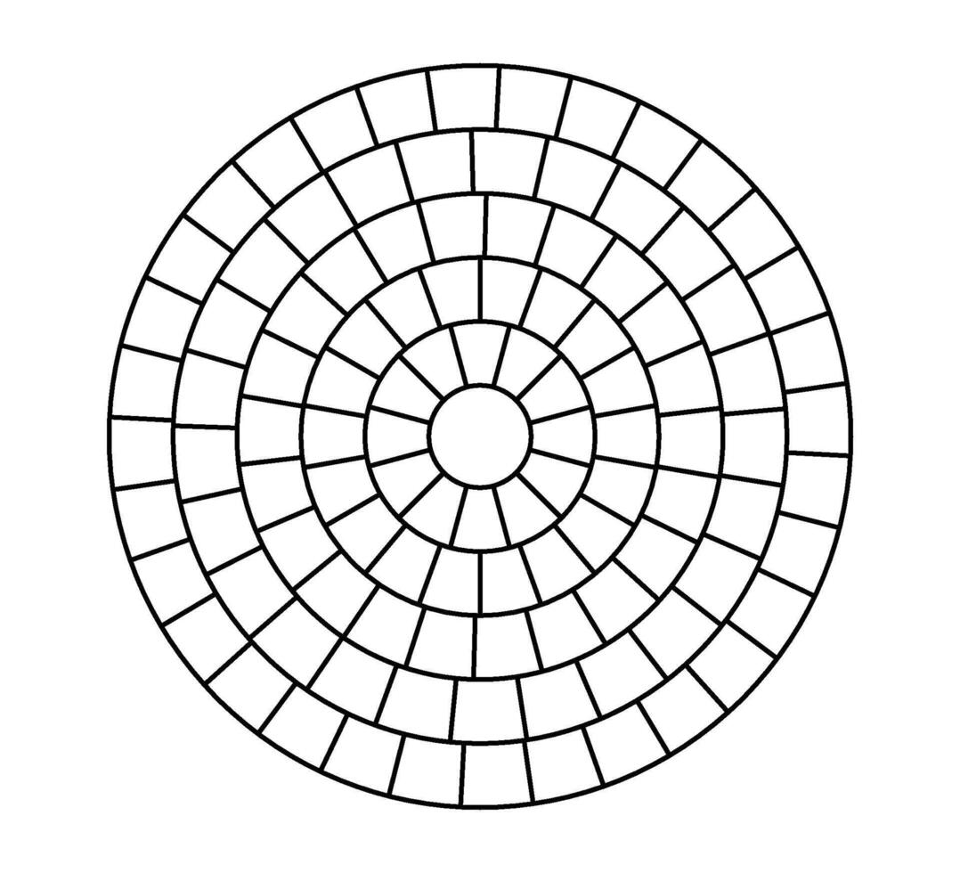 Paved circle pattern tile. Circular brick mosaic. Round radial stone pavement. Paving tile simple floor texture. Black line. illustration isolated on white background vector