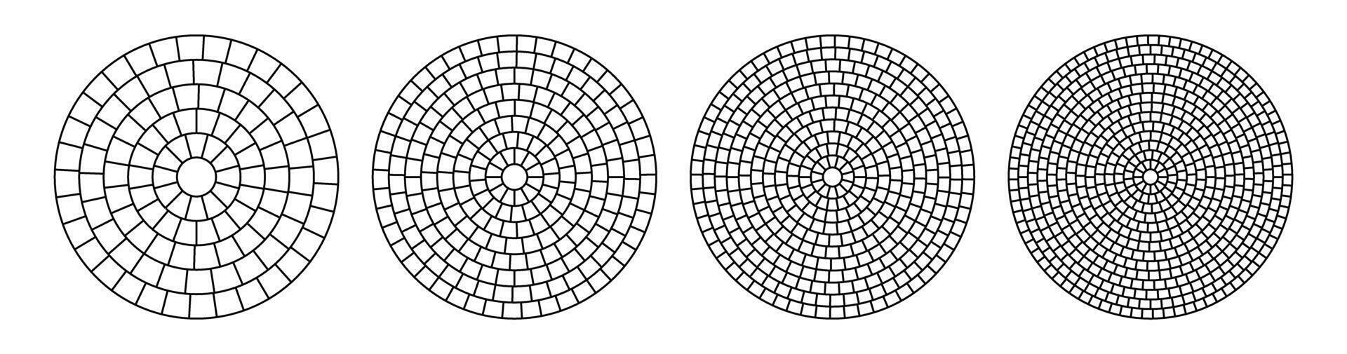 Paved circle pattern tile. Circular brick mosaic. Round radial stone pavement. Paving tile simple floor texture. Black line. illustration on white background vector