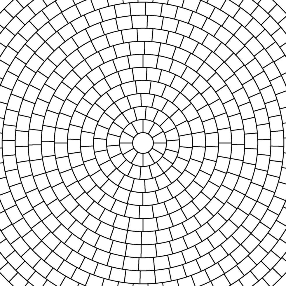 Paved circle pattern tile background. Circular brick mosaic. Round radial stone pavement. Paving tile simple floor texture. Black line. illustration isolated on background vector