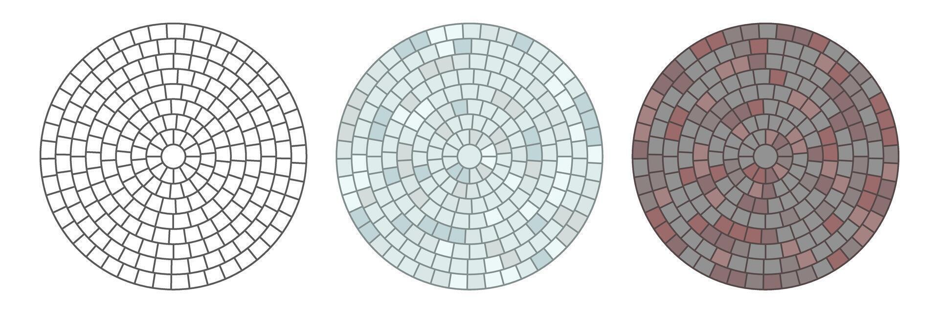 Paved circle pattern tile. Circular brick mosaic. Round radial stone pavement. Paving tile simple floor texture. Red stones. illustration isolated on white background vector