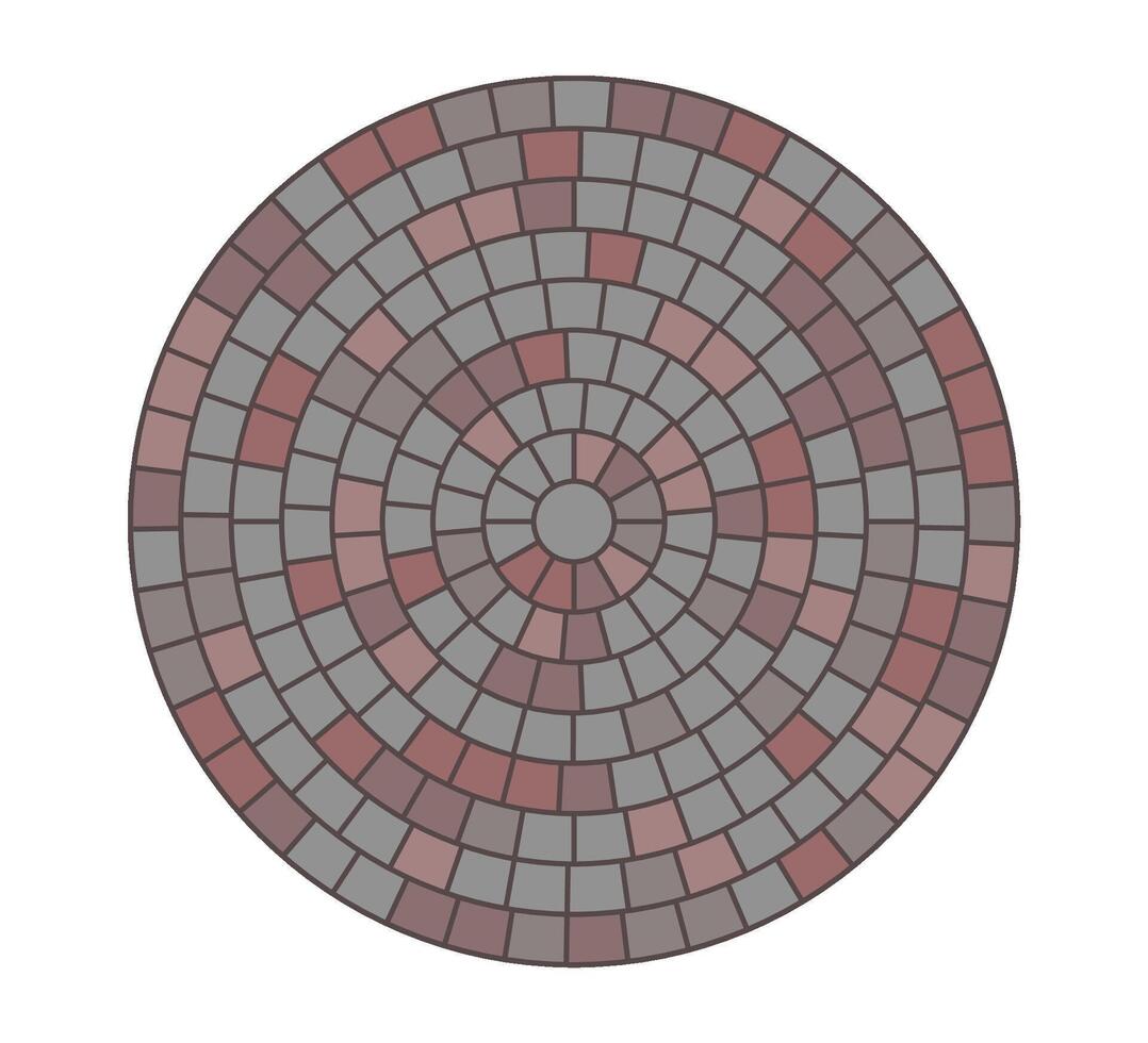Paved circle pattern tile. Circular mosaic. Round radial stone pavement. Paving tile simple floor texture. Red stones. illustration isolated on white background vector