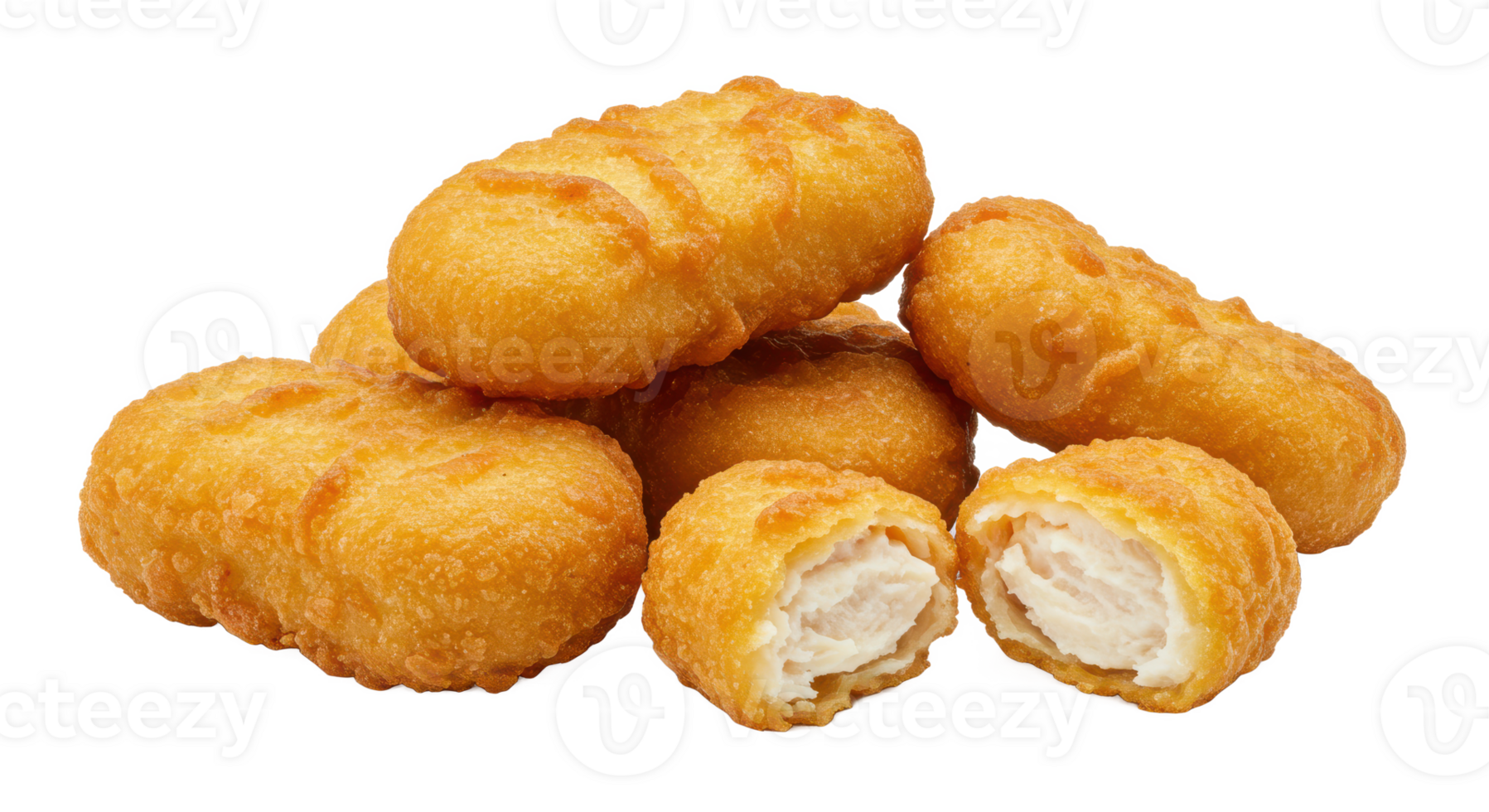 A close up shot of a pile of golden brown chicken nuggets with one cut in half png