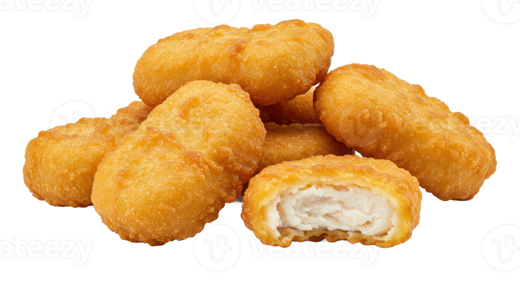 A pile of golden brown chicken nuggets with one nugget cut in half revealing png
