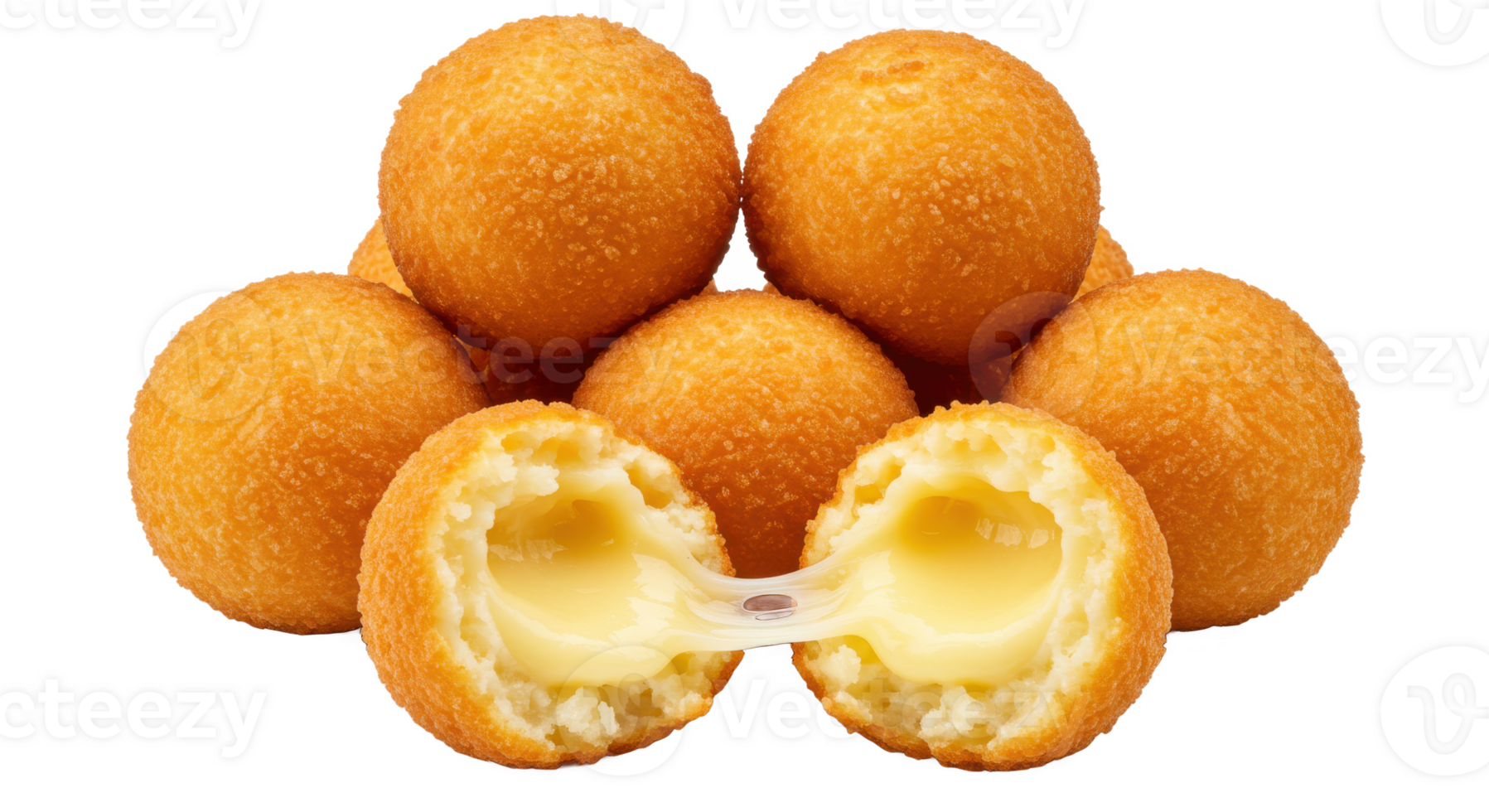 A stack of golden fried cheese balls with one cut in half showing png