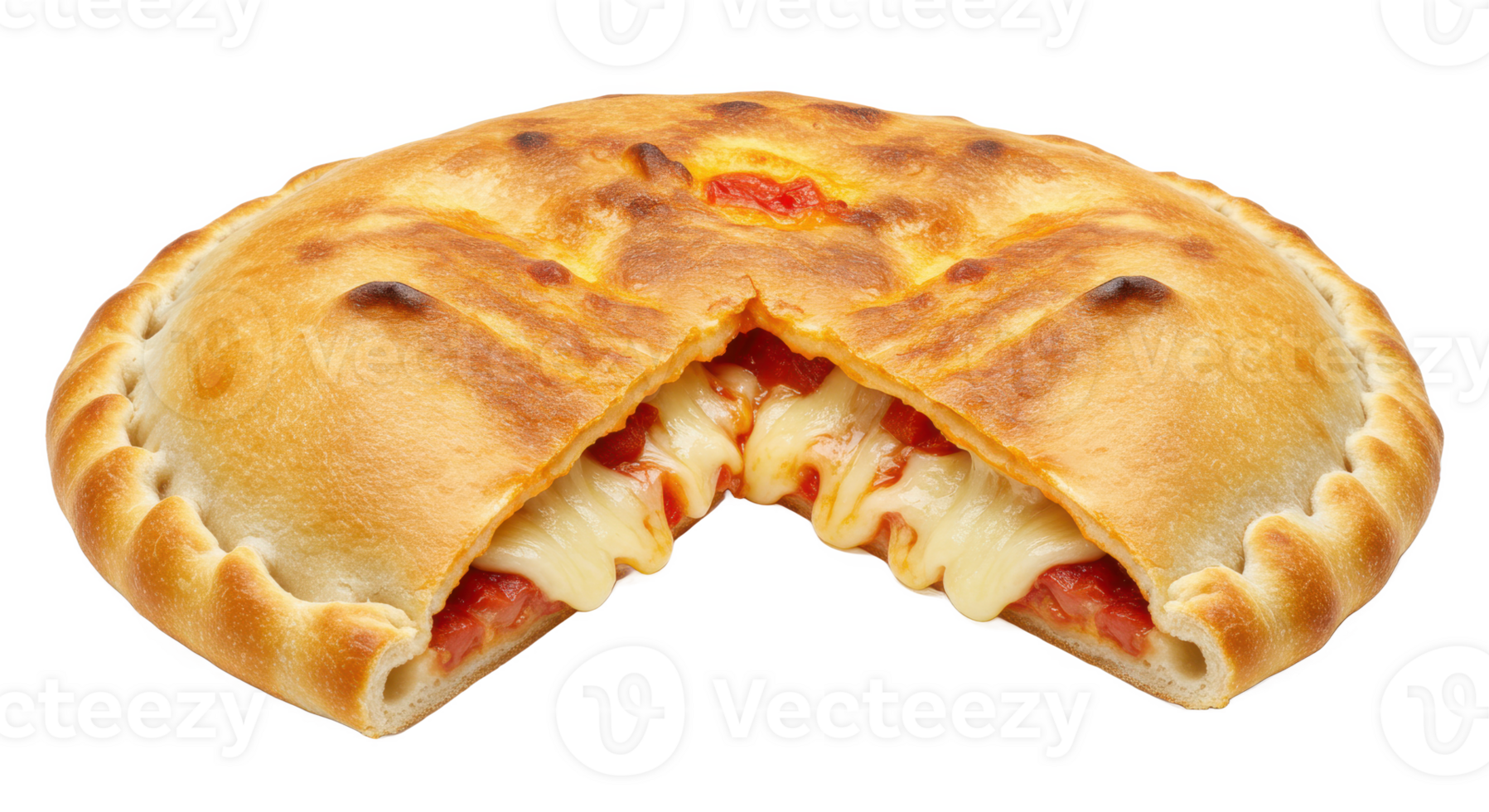 A close up view of a sliced calzone filled with cheese and tomato sauce png