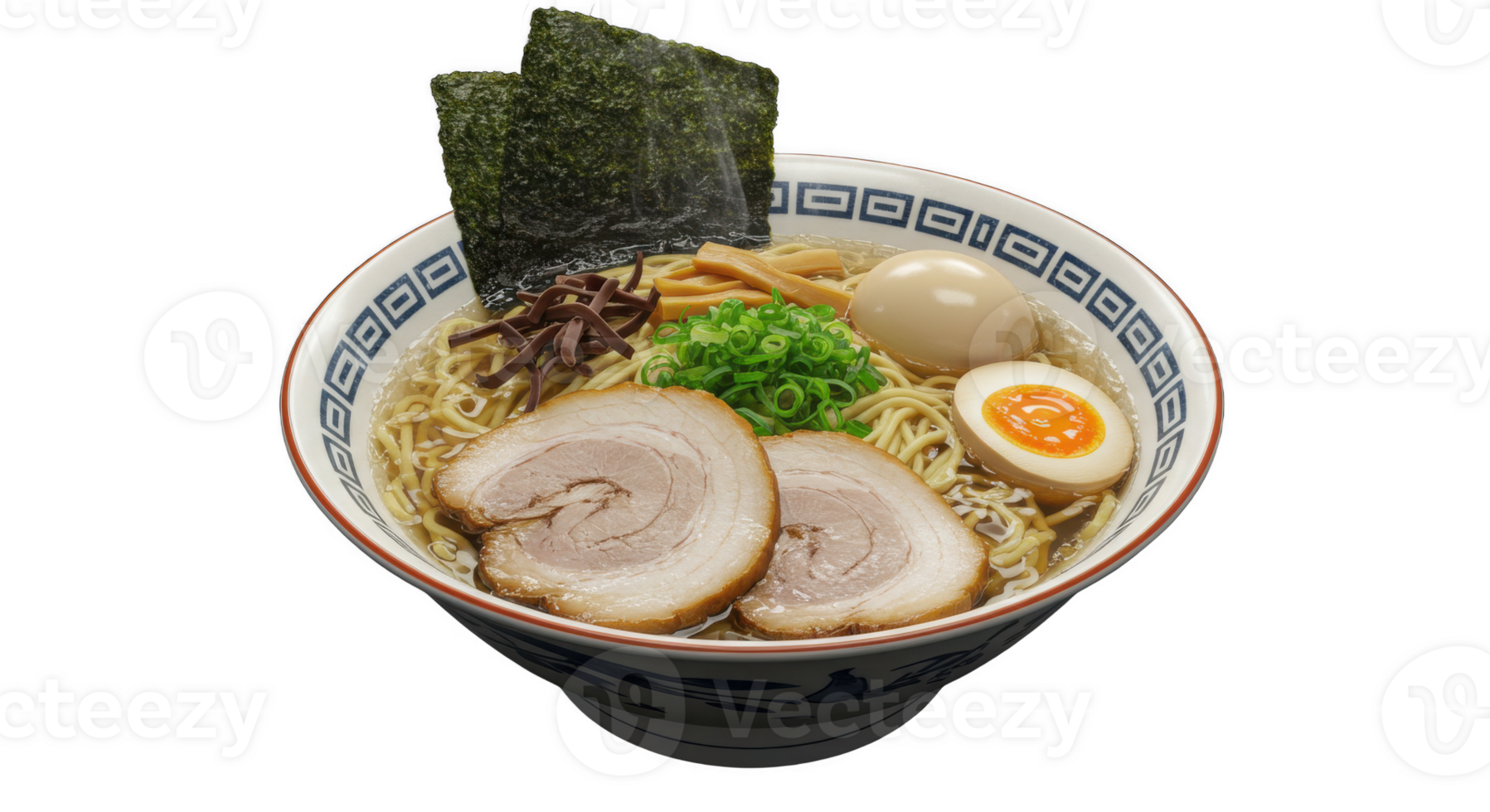 A bowl of ramen with pork slices, sliced egg, seaweed, and other toppings png