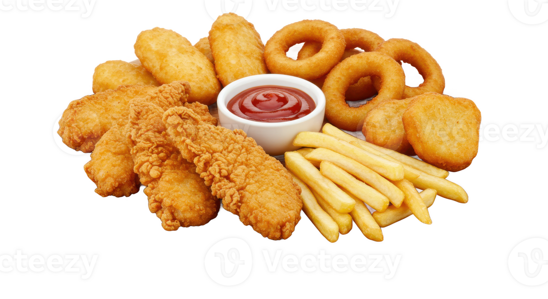 A platter with fried chicken tenders onion rings fries and potato nuggets png