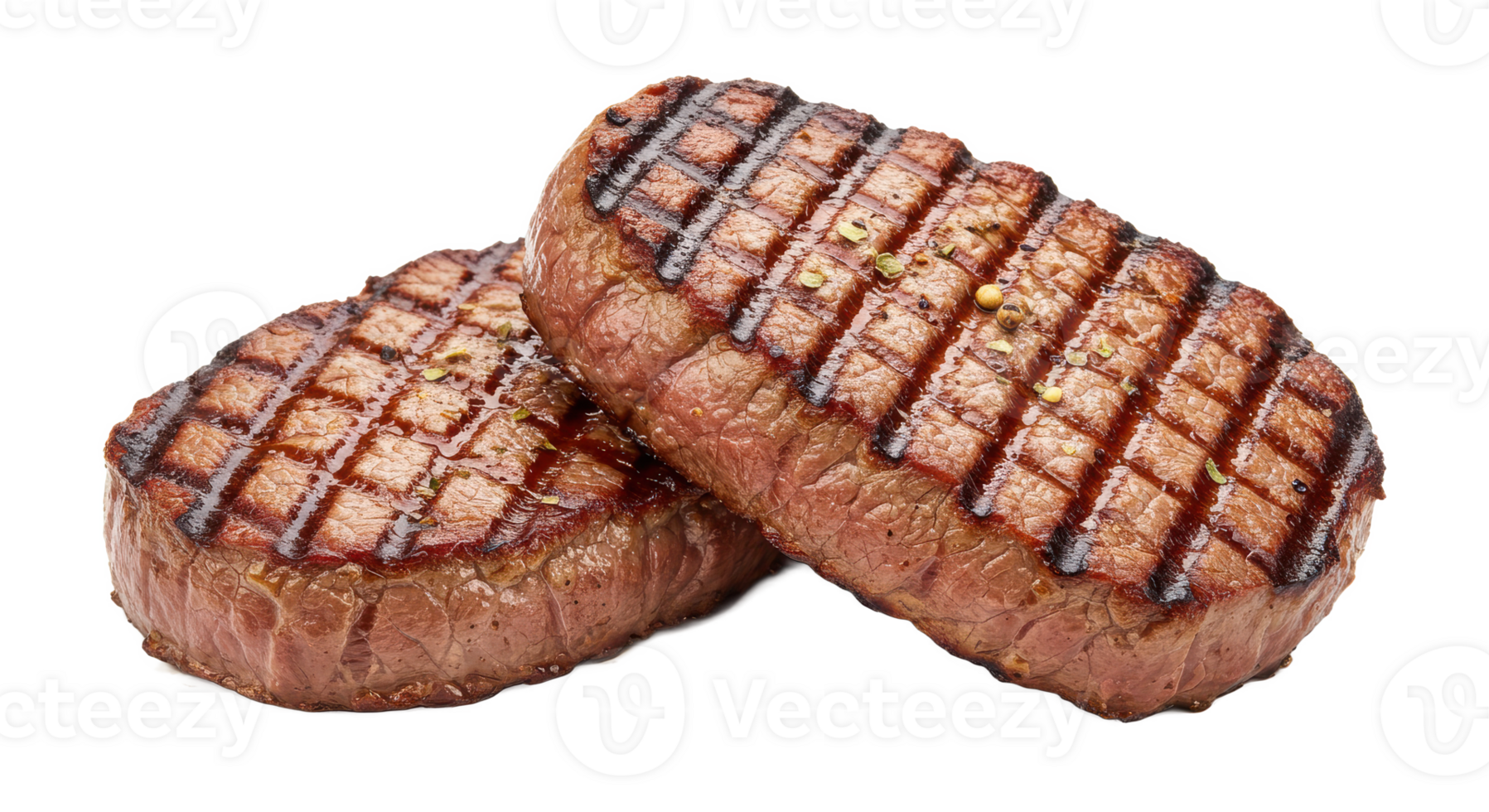 Two grilled beef steaks with visible grill marks and seasoning presented close png