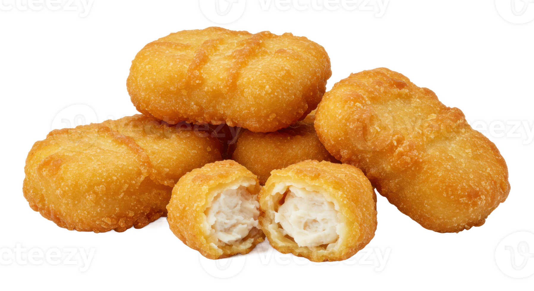 A pile of golden brown chicken nuggets with one nugget cut in half png