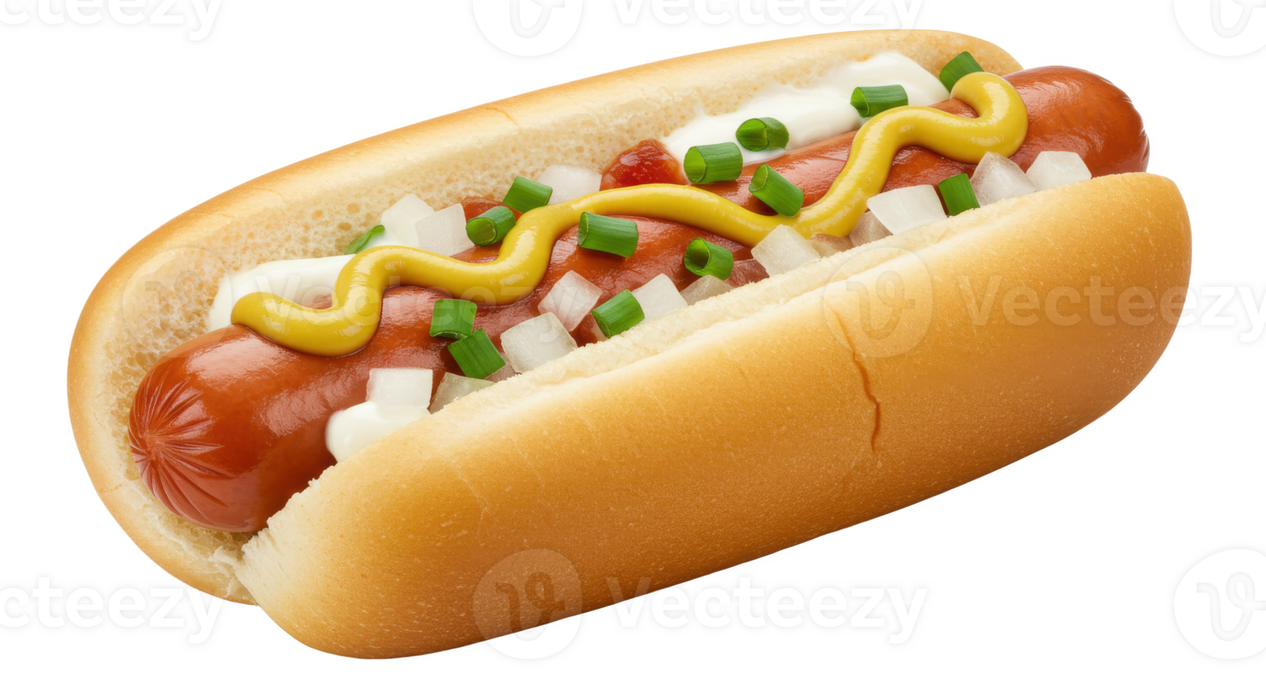 A close up of a hot dog with mustard onions and green onions in a bun png