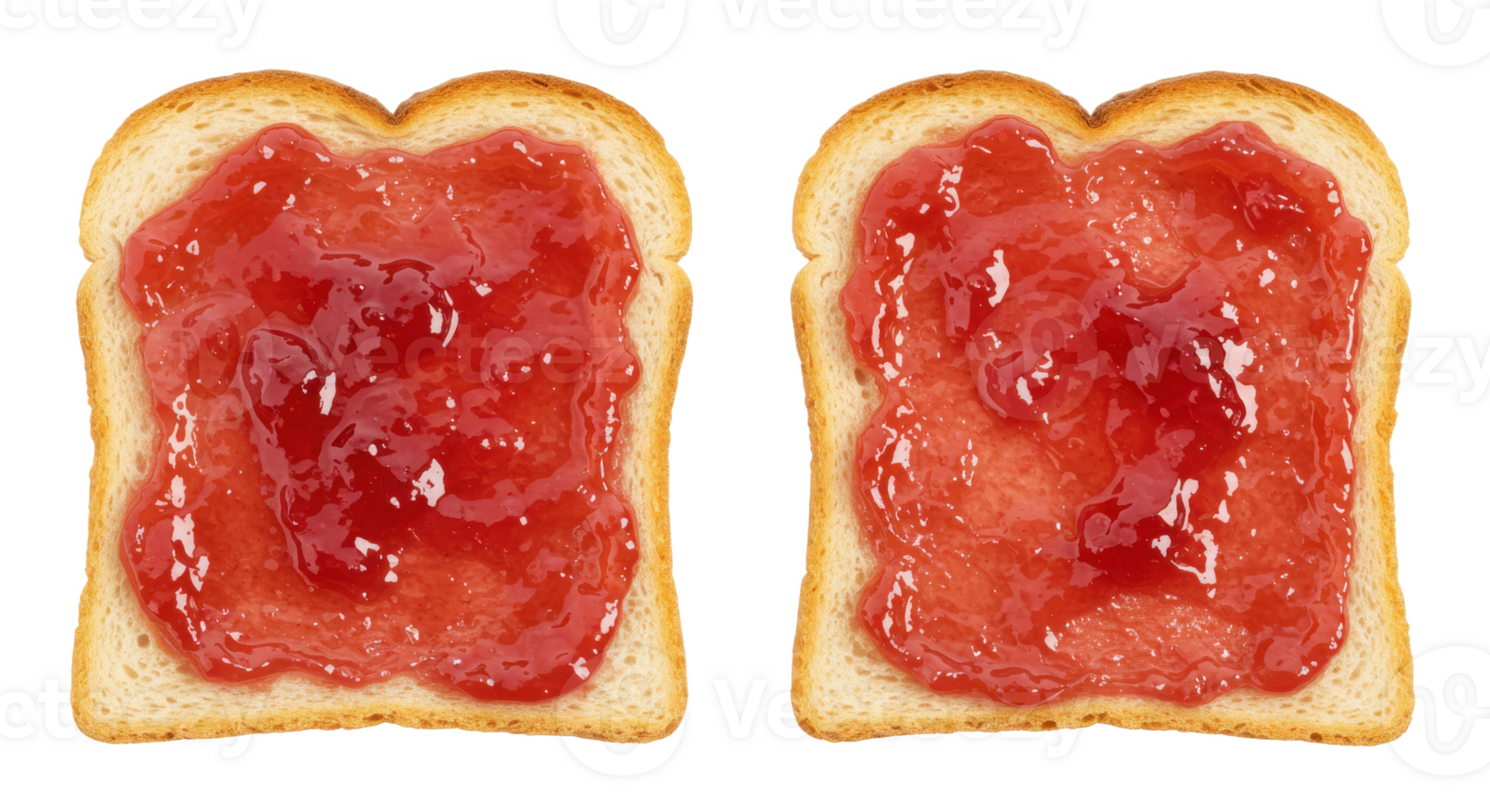 Two slices of white bread with red jam evenly spread on top against png