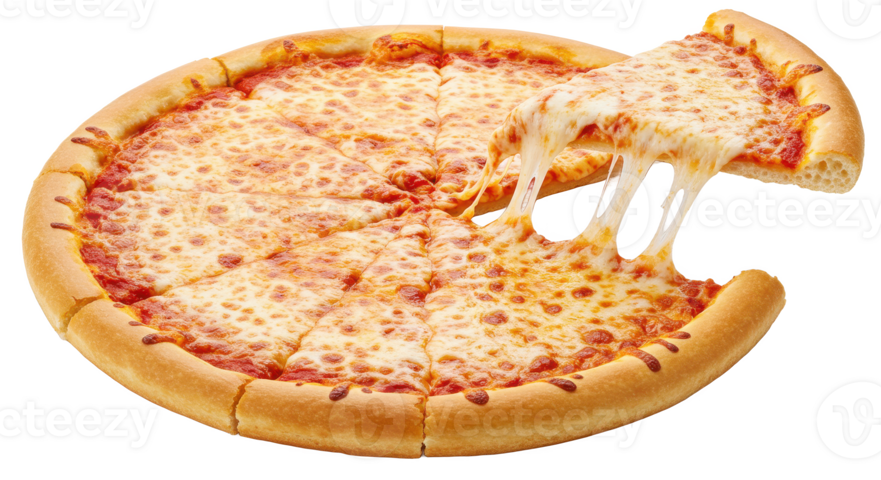 A whole pizza with a slice being pulled away showing the melted png