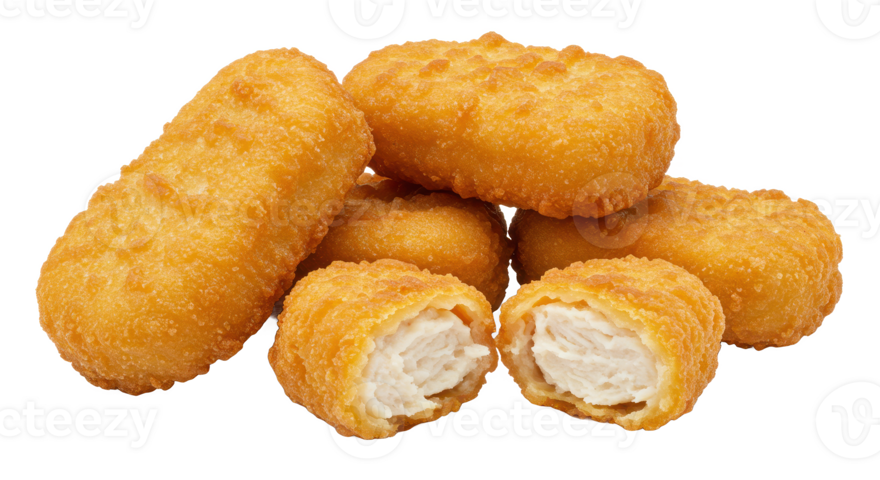A close up of a pile of golden brown chicken nuggets with one cut in half png