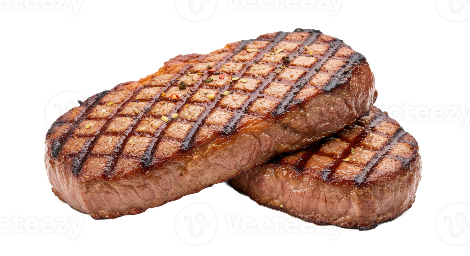 Two grilled steaks stacked on top of each other with visible grill marks png