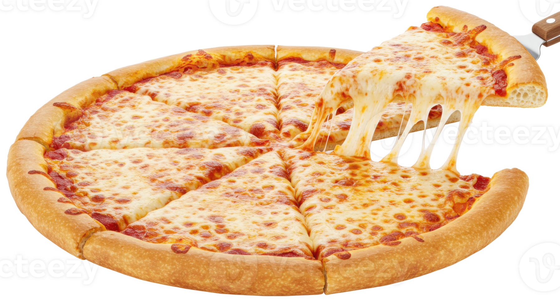 A whole pizza with a slice being lifted showing melted cheese on a transparent png
