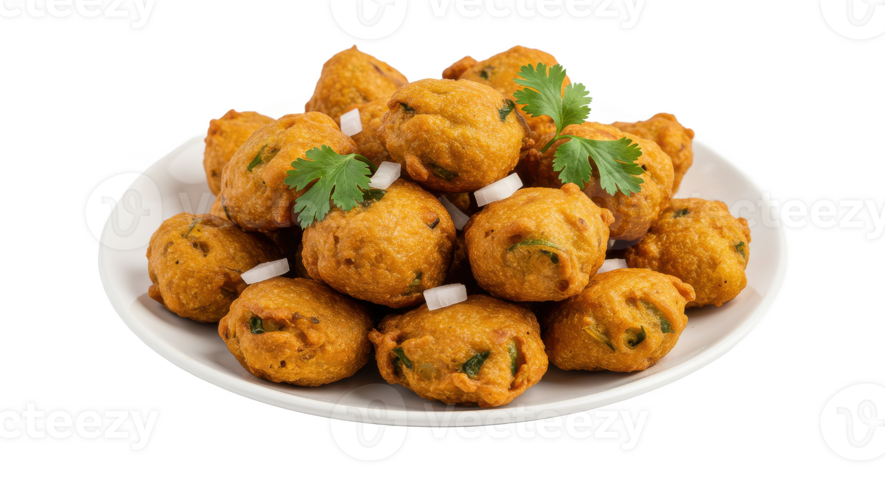 Close up shot of a plate filled with pakoras garnished with coriander png
