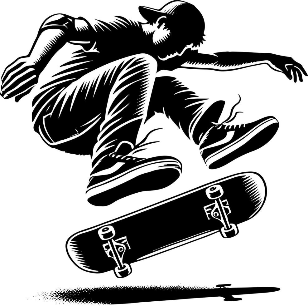 Skateboarder Doing A Kick Flip, Black And White Skateboard Silhouette vector