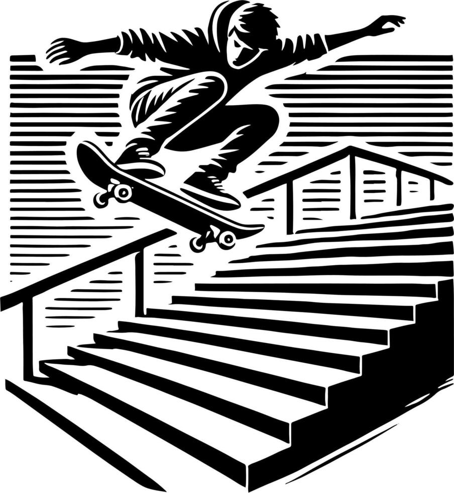 Skateboarder Performing An Ollie Down A Huge Set Of Stairs, Black And White Skateboard Silhouette vector