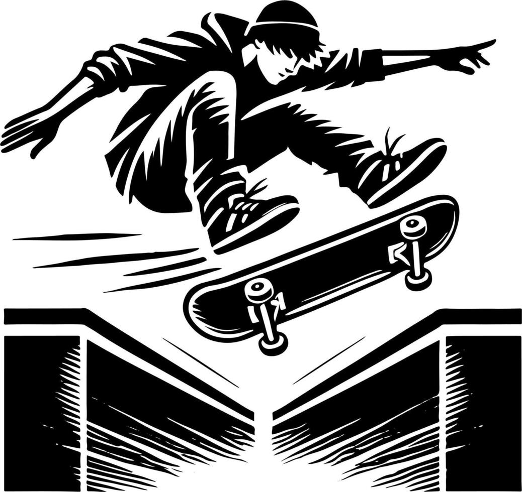 Skateboarder Doing A Trick Over A Gap, Black And White Skateboard Silhouette vector